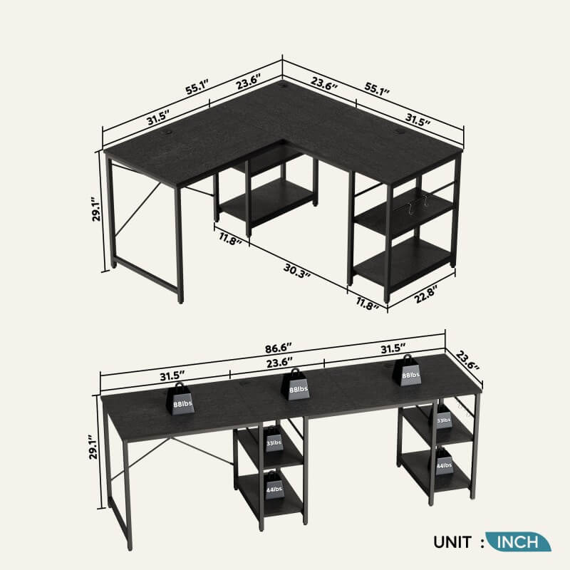 l-shaped desk with storage shelves size