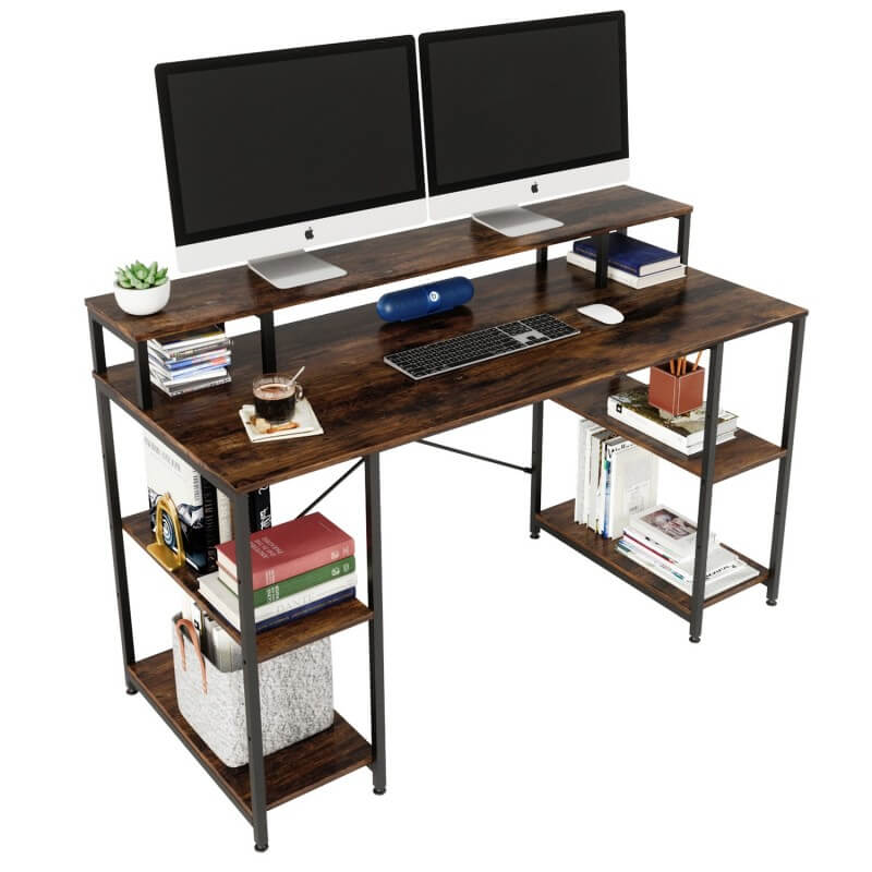 Brown computer desk with shelves