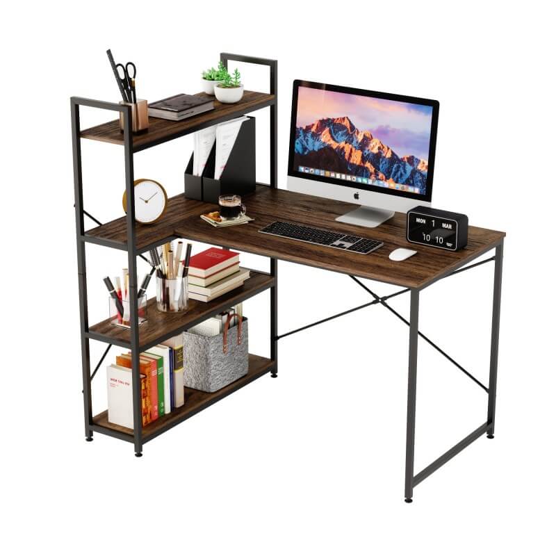 Brown corner computer desk with shelves