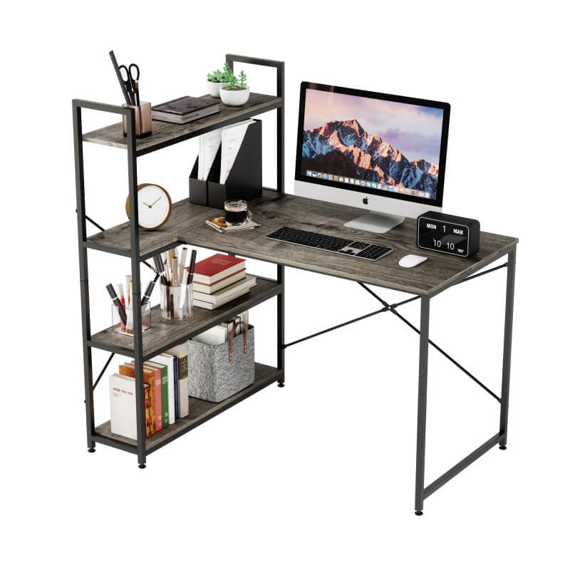 Grey corner computer desk with shelves