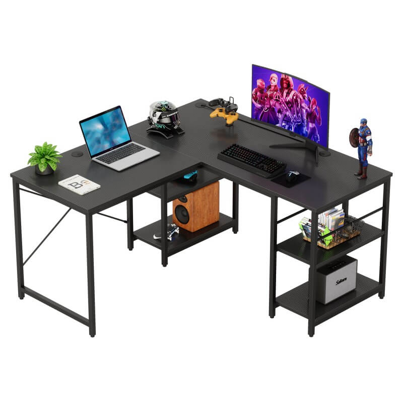 Black l shaped desk with storage shelves 