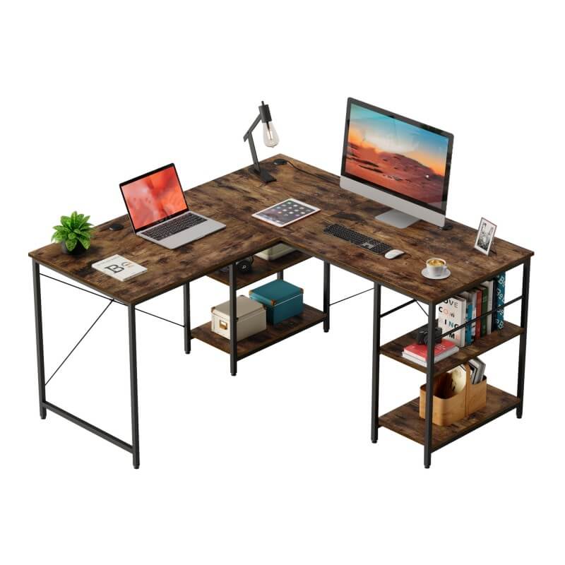 Brown l shaped desk with storage shelves 