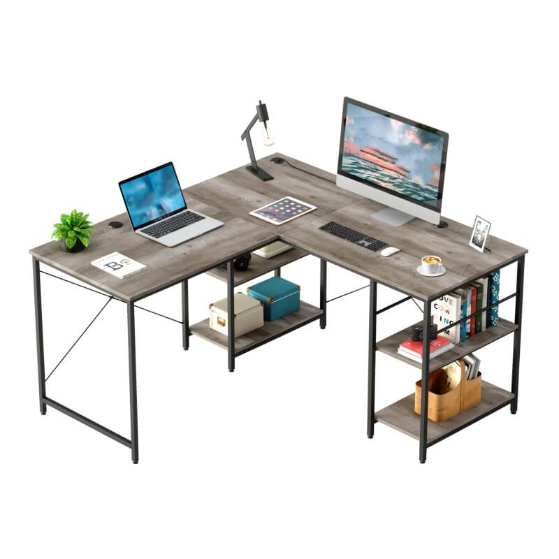 Grey l shaped desk with storage shelves 