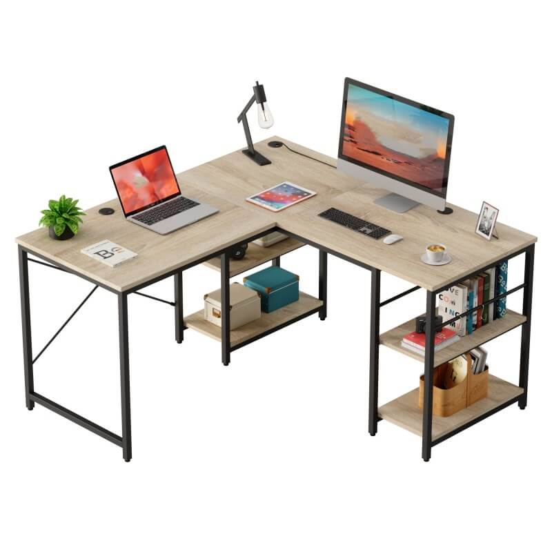 Oak l shaped desk with storage shelves 