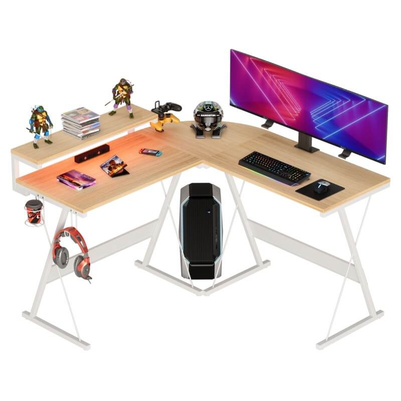 white solid wood l-shaped computer desk 